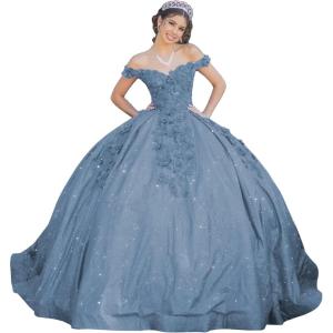imageYoujiayi Womens 3D Floral Quinceanera Dresses Long Puffy Tulle Ball Gowns Off Shoulder Prom Dress YJY69Dusty Blue