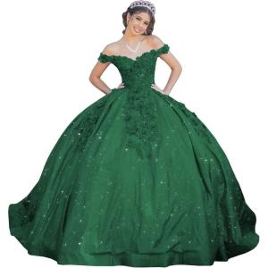 imageYoujiayi Womens 3D Floral Quinceanera Dresses Long Puffy Tulle Ball Gowns Off Shoulder Prom Dress YJY69Emerald Green