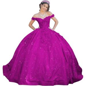 imageYoujiayi Womens 3D Floral Quinceanera Dresses Long Puffy Tulle Ball Gowns Off Shoulder Prom Dress YJY69Fuchsia