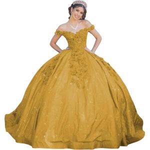 imageYoujiayi Womens 3D Floral Quinceanera Dresses Long Puffy Tulle Ball Gowns Off Shoulder Prom Dress YJY69Gold