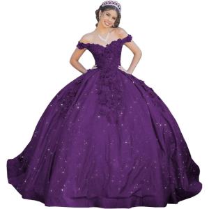 imageYoujiayi Womens 3D Floral Quinceanera Dresses Long Puffy Tulle Ball Gowns Off Shoulder Prom Dress YJY69Grape