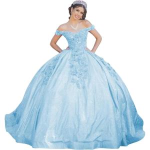 imageYoujiayi Womens 3D Floral Quinceanera Dresses Long Puffy Tulle Ball Gowns Off Shoulder Prom Dress YJY69Light Blue