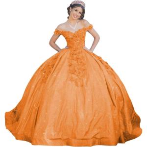 imageYoujiayi Womens 3D Floral Quinceanera Dresses Long Puffy Tulle Ball Gowns Off Shoulder Prom Dress YJY69Orange