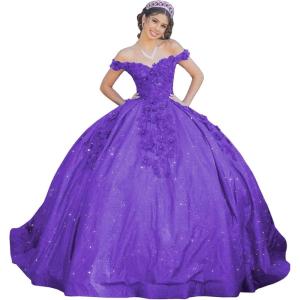 imageYoujiayi Womens 3D Floral Quinceanera Dresses Long Puffy Tulle Ball Gowns Off Shoulder Prom Dress YJY69Purple