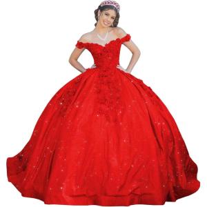 imageYoujiayi Womens 3D Floral Quinceanera Dresses Long Puffy Tulle Ball Gowns Off Shoulder Prom Dress YJY69Red