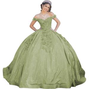 imageYoujiayi Womens 3D Floral Quinceanera Dresses Long Puffy Tulle Ball Gowns Off Shoulder Prom Dress YJY69Sage
