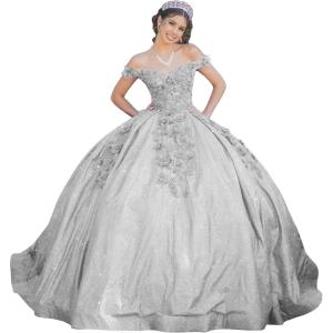 imageYoujiayi Womens 3D Floral Quinceanera Dresses Long Puffy Tulle Ball Gowns Off Shoulder Prom Dress YJY69Silver