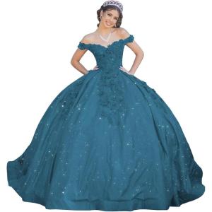 imageYoujiayi Womens 3D Floral Quinceanera Dresses Long Puffy Tulle Ball Gowns Off Shoulder Prom Dress YJY69Teal