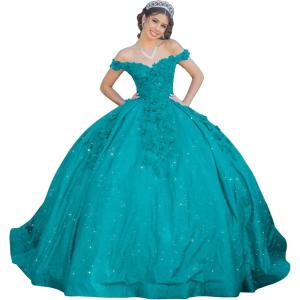 imageYoujiayi Womens 3D Floral Quinceanera Dresses Long Puffy Tulle Ball Gowns Off Shoulder Prom Dress YJY69Turquoise