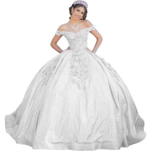 imageYoujiayi Womens 3D Floral Quinceanera Dresses Long Puffy Tulle Ball Gowns Off Shoulder Prom Dress YJY69White
