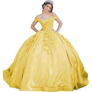 imageYoujiayi Womens 3D Floral Quinceanera Dresses Long Puffy Tulle Ball Gowns Off Shoulder Prom Dress YJY69Yellow