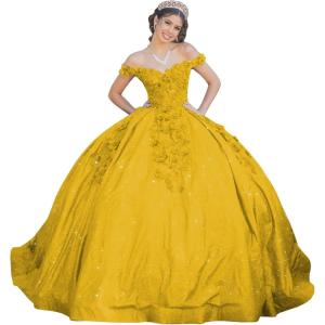 imageYoujiayi Womens 3D Floral Quinceanera Dresses Long Puffy Tulle Ball Gowns Off Shoulder Prom Dress YJY69Yellow Dark