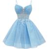 imageYoujiayi Glitter Sequin Short Homecoming Dresses Lace Beaded DAMA Dress for Quinceanera Spaghetti Straps Short Prom DressesSage Green