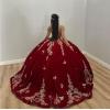 imageYoujiayi Sparkly Velvet Quinceanera Dresses Off Shoulder Sequin Sweet 16 Dress with Train Gold Lace Appliques Long Ball GownRedsparkly