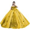 imageYoujiayi Princess Off Shoulder Quinceanera Dresses Puffy Tulle Sweet 16 Dress with Train Lace Beaded Ball Gowns with BowYellow Dark