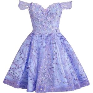 imageYoujiayi 3D Butterfly Short Homecoming Dresses Sparkly Sequin Prom Dress for Teens Off Shoulder DAMA Dress for QuinceaneraDark Lavender