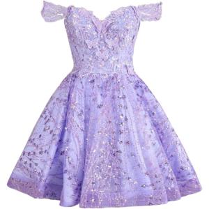 imageYoujiayi 3D Butterfly Short Homecoming Dresses Sparkly Sequin Prom Dress for Teens Off Shoulder DAMA Dress for QuinceaneraLavender