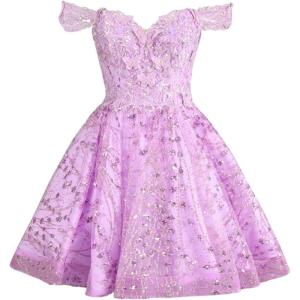 imageYoujiayi 3D Butterfly Short Homecoming Dresses Sparkly Sequin Prom Dress for Teens Off Shoulder DAMA Dress for QuinceaneraLilac