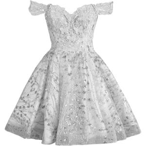 imageYoujiayi 3D Butterfly Short Homecoming Dresses Sparkly Sequin Prom Dress for Teens Off Shoulder DAMA Dress for QuinceaneraSilver