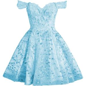 imageYoujiayi 3D Butterfly Short Homecoming Dresses Sparkly Sequin Prom Dress for Teens Off Shoulder DAMA Dress for QuinceaneraSky Blue