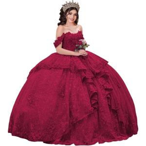 imageYoujiayi 3D Floral Quinceanera Dresses with Bow Sparkly Beaded Sequin Ball Gown Ruffles Off Shoulder Lace Sweet 16 DressesBerry