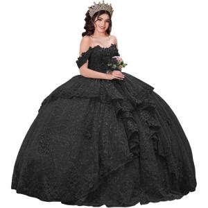 imageYoujiayi 3D Floral Quinceanera Dresses with Bow Sparkly Beaded Sequin Ball Gown Ruffles Off Shoulder Lace Sweet 16 DressesBlack