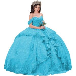 imageYoujiayi 3D Floral Quinceanera Dresses with Bow Sparkly Beaded Sequin Ball Gown Ruffles Off Shoulder Lace Sweet 16 DressesBlue