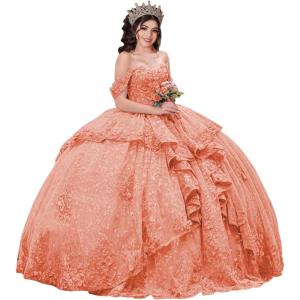 imageYoujiayi 3D Floral Quinceanera Dresses with Bow Sparkly Beaded Sequin Ball Gown Ruffles Off Shoulder Lace Sweet 16 DressesCoral