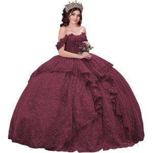 imageYoujiayi 3D Floral Quinceanera Dresses with Bow Sparkly Beaded Sequin Ball Gown Ruffles Off Shoulder Lace Sweet 16 DressesDeep Burgundy