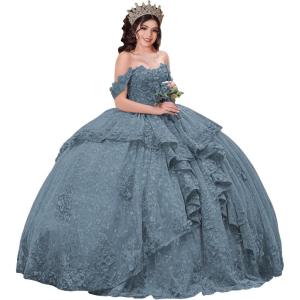 imageYoujiayi 3D Floral Quinceanera Dresses with Bow Sparkly Beaded Sequin Ball Gown Ruffles Off Shoulder Lace Sweet 16 DressesDusty Blue