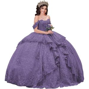imageYoujiayi 3D Floral Quinceanera Dresses with Bow Sparkly Beaded Sequin Ball Gown Ruffles Off Shoulder Lace Sweet 16 DressesDusty Purple