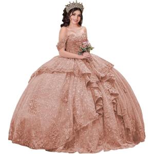 imageYoujiayi 3D Floral Quinceanera Dresses with Bow Sparkly Beaded Sequin Ball Gown Ruffles Off Shoulder Lace Sweet 16 DressesDusty Rose
