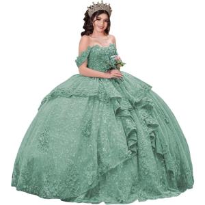 imageYoujiayi 3D Floral Quinceanera Dresses with Bow Sparkly Beaded Sequin Ball Gown Ruffles Off Shoulder Lace Sweet 16 DressesDusty Sage