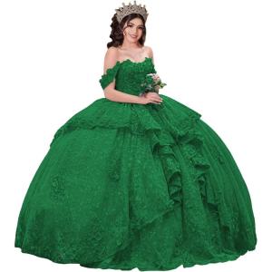 imageYoujiayi 3D Floral Quinceanera Dresses with Bow Sparkly Beaded Sequin Ball Gown Ruffles Off Shoulder Lace Sweet 16 DressesEmerald Green