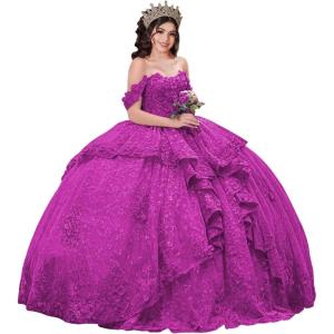 imageYoujiayi 3D Floral Quinceanera Dresses with Bow Sparkly Beaded Sequin Ball Gown Ruffles Off Shoulder Lace Sweet 16 DressesFuchsia