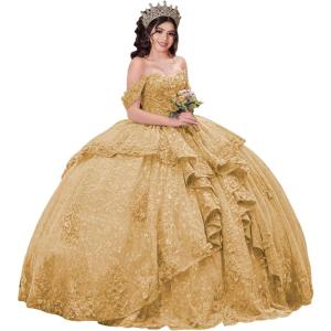 imageYoujiayi 3D Floral Quinceanera Dresses with Bow Sparkly Beaded Sequin Ball Gown Ruffles Off Shoulder Lace Sweet 16 DressesGold