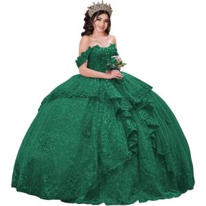 imageYoujiayi 3D Floral Quinceanera Dresses with Bow Sparkly Beaded Sequin Ball Gown Ruffles Off Shoulder Lace Sweet 16 DressesGreen