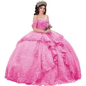 imageYoujiayi 3D Floral Quinceanera Dresses with Bow Sparkly Beaded Sequin Ball Gown Ruffles Off Shoulder Lace Sweet 16 DressesHot Pink