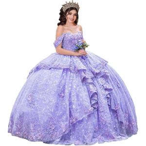imageYoujiayi 3D Floral Quinceanera Dresses with Bow Sparkly Beaded Sequin Ball Gown Ruffles Off Shoulder Lace Sweet 16 DressesLavender
