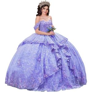 imageYoujiayi 3D Floral Quinceanera Dresses with Bow Sparkly Beaded Sequin Ball Gown Ruffles Off Shoulder Lace Sweet 16 DressesLavender Deep