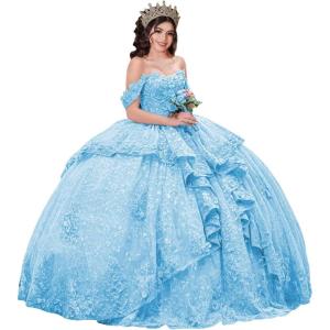 imageYoujiayi 3D Floral Quinceanera Dresses with Bow Sparkly Beaded Sequin Ball Gown Ruffles Off Shoulder Lace Sweet 16 DressesLight Blue