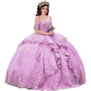 imageYoujiayi 3D Floral Quinceanera Dresses with Bow Sparkly Beaded Sequin Ball Gown Ruffles Off Shoulder Lace Sweet 16 DressesLilac
