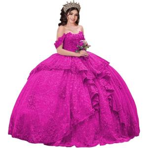imageYoujiayi 3D Floral Quinceanera Dresses with Bow Sparkly Beaded Sequin Ball Gown Ruffles Off Shoulder Lace Sweet 16 DressesMagenta