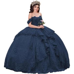 imageYoujiayi 3D Floral Quinceanera Dresses with Bow Sparkly Beaded Sequin Ball Gown Ruffles Off Shoulder Lace Sweet 16 DressesNavy