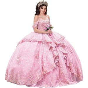 imageYoujiayi 3D Floral Quinceanera Dresses with Bow Sparkly Beaded Sequin Ball Gown Ruffles Off Shoulder Lace Sweet 16 DressesPink