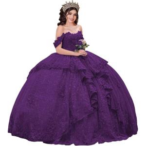 imageYoujiayi 3D Floral Quinceanera Dresses with Bow Sparkly Beaded Sequin Ball Gown Ruffles Off Shoulder Lace Sweet 16 DressesPlum