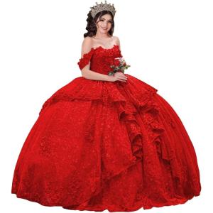 imageYoujiayi 3D Floral Quinceanera Dresses with Bow Sparkly Beaded Sequin Ball Gown Ruffles Off Shoulder Lace Sweet 16 DressesRed