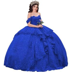 imageYoujiayi 3D Floral Quinceanera Dresses with Bow Sparkly Beaded Sequin Ball Gown Ruffles Off Shoulder Lace Sweet 16 DressesRoyal Blue
