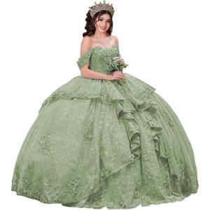 imageYoujiayi 3D Floral Quinceanera Dresses with Bow Sparkly Beaded Sequin Ball Gown Ruffles Off Shoulder Lace Sweet 16 DressesSage