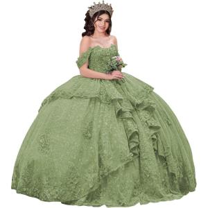imageYoujiayi 3D Floral Quinceanera Dresses with Bow Sparkly Beaded Sequin Ball Gown Ruffles Off Shoulder Lace Sweet 16 DressesSage Green